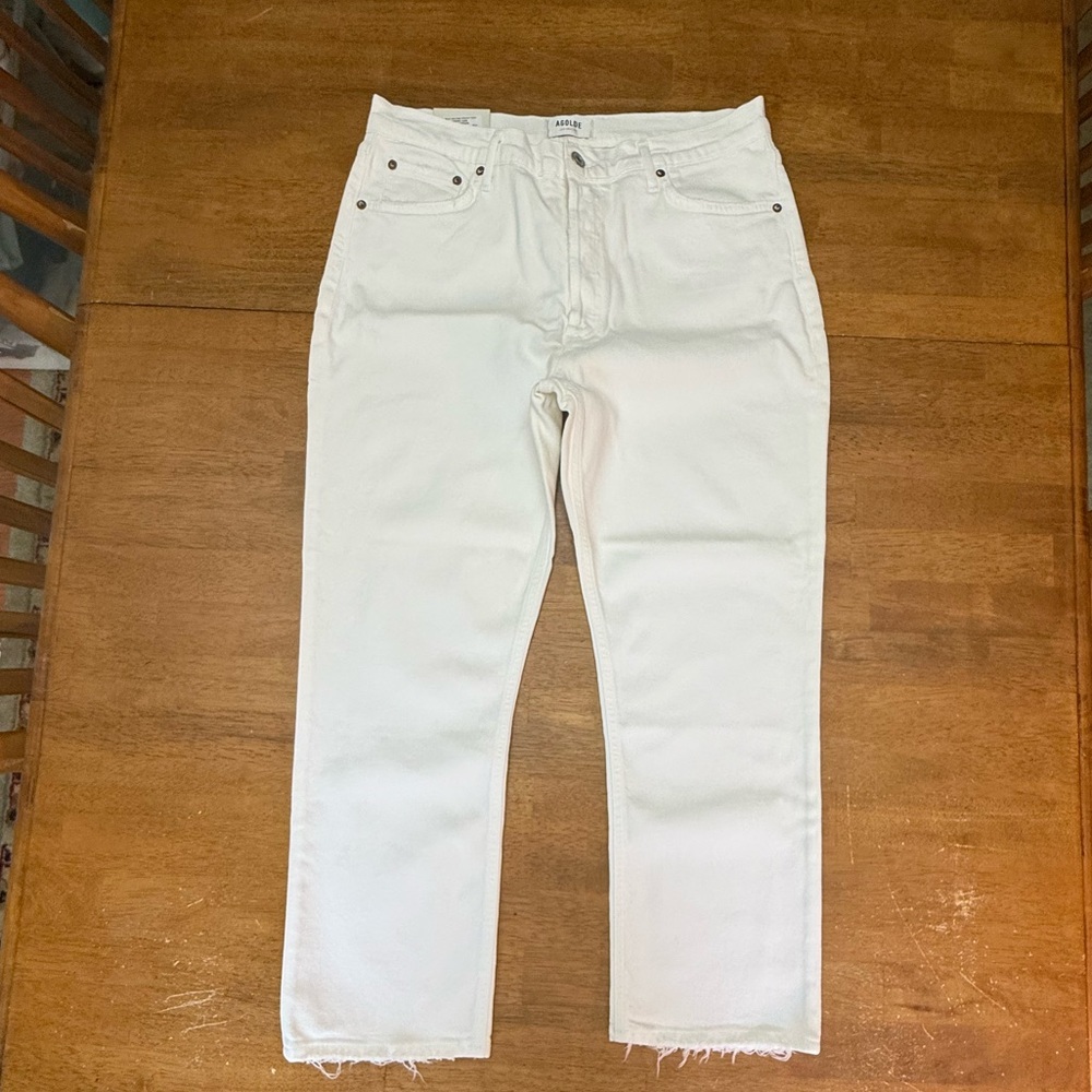 Agolde White Riley High-Rise Straight Crop Jeans Sour Cream 32 - Picture 2 of 10